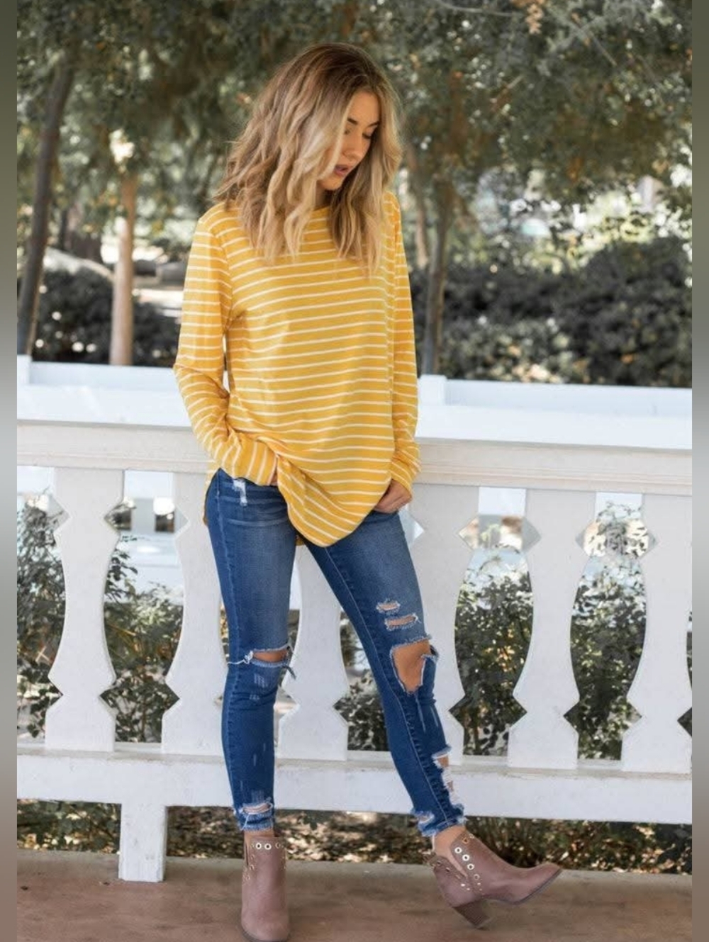 Striped Scoop Neck Long Sleeve Top‎ in Mustard | NWOT | A.Gain